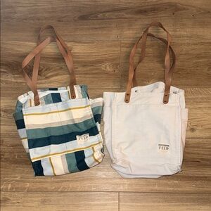 FEED Canvas Tote Bag with Leather Straps - Cream